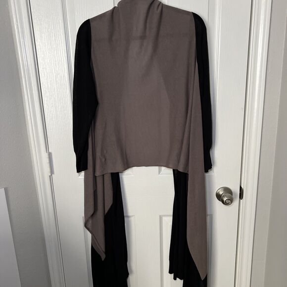 Drape Front Open Cardigan Sweater Wrap Women M/L Tan Black Colorblock Waterfall - Picture 8 of 10